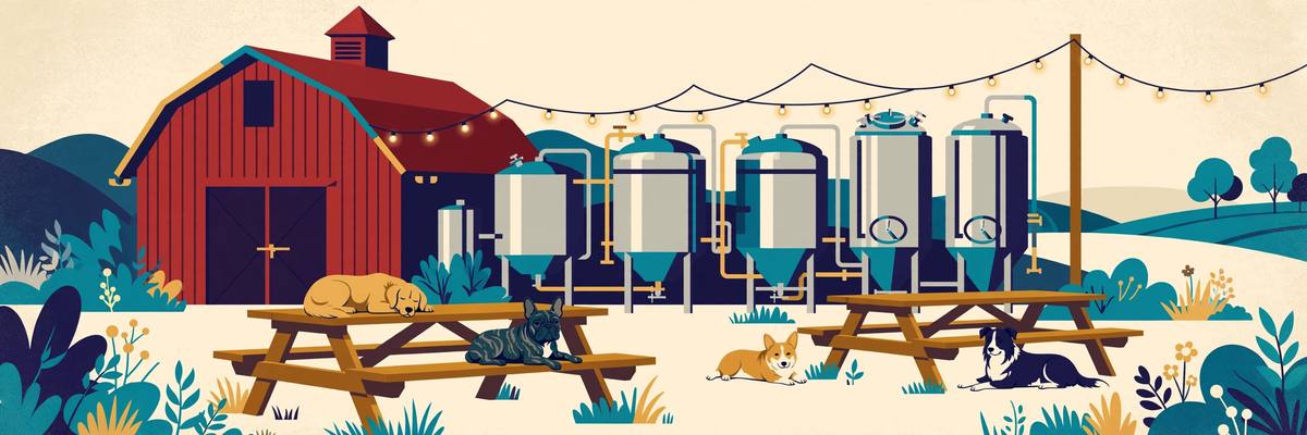 Illustration of dogs at a Loudoun farm brewery