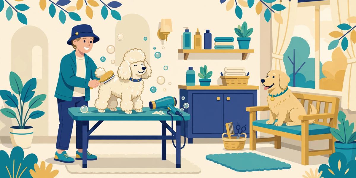 Illustration of a dog being groomed at a salon