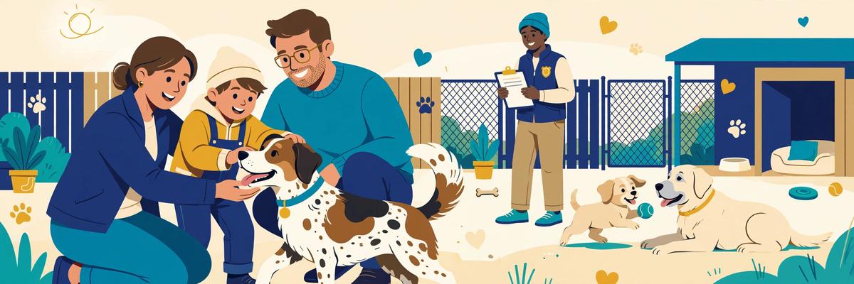 Illustration of a joyful dog adoption day with a person hugging a rescued dog