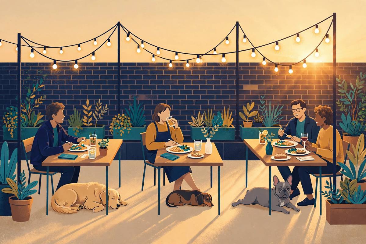 Illustration of dogs relaxing on a restaurant patio