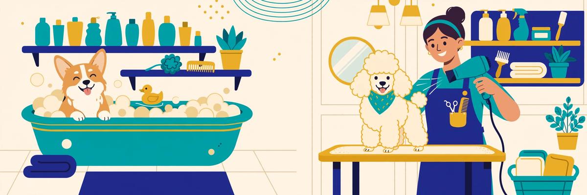 Illustration of a dog grooming salon with a poodle and corgi