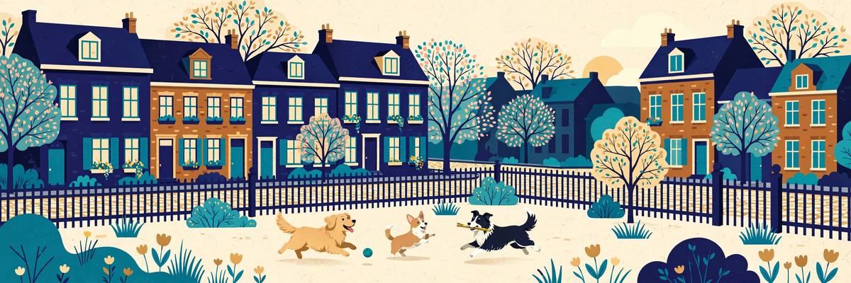 Illustration of dogs playing near historic Old Town Alexandria