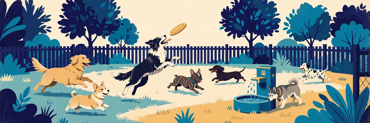 Illustration of dogs playing at a fenced dog park