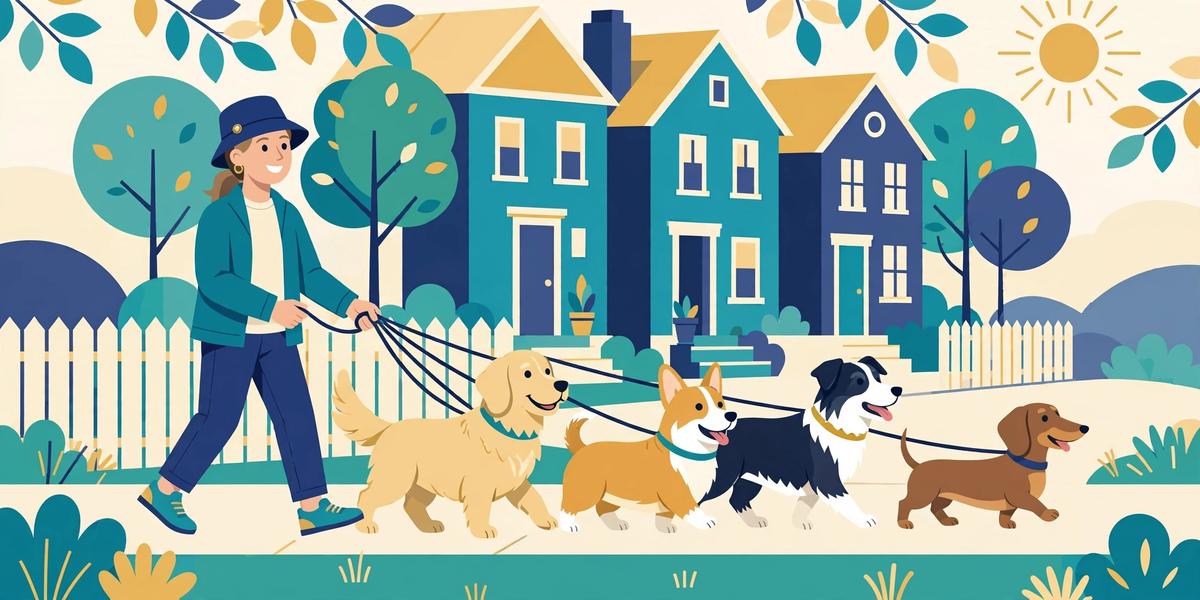 Illustration of a dog walker with four dogs on a sunny suburban sidewalk