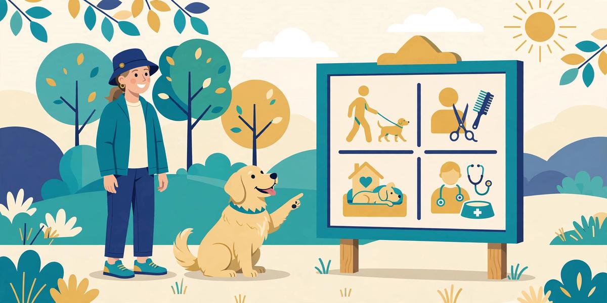 Illustration of a dog owner browsing a directory of pet professionals
