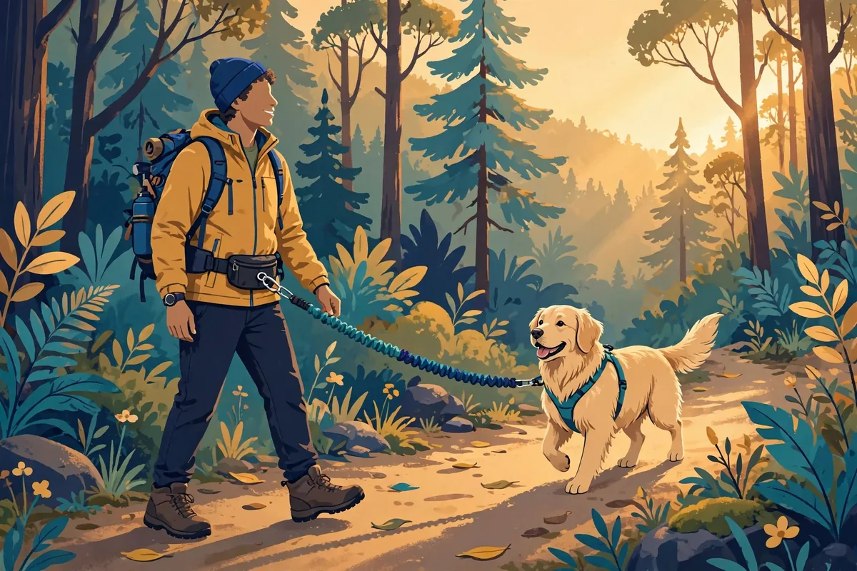 Illustration of a hands-free bungee leash worn on a hiker’s waist with a golden retriever on a forest trail