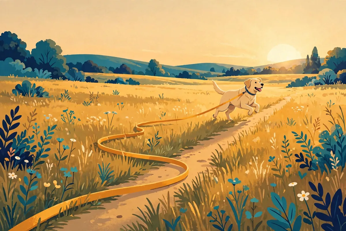 Illustration of a long-line leash trailing across a meadow with a labrador running ahead