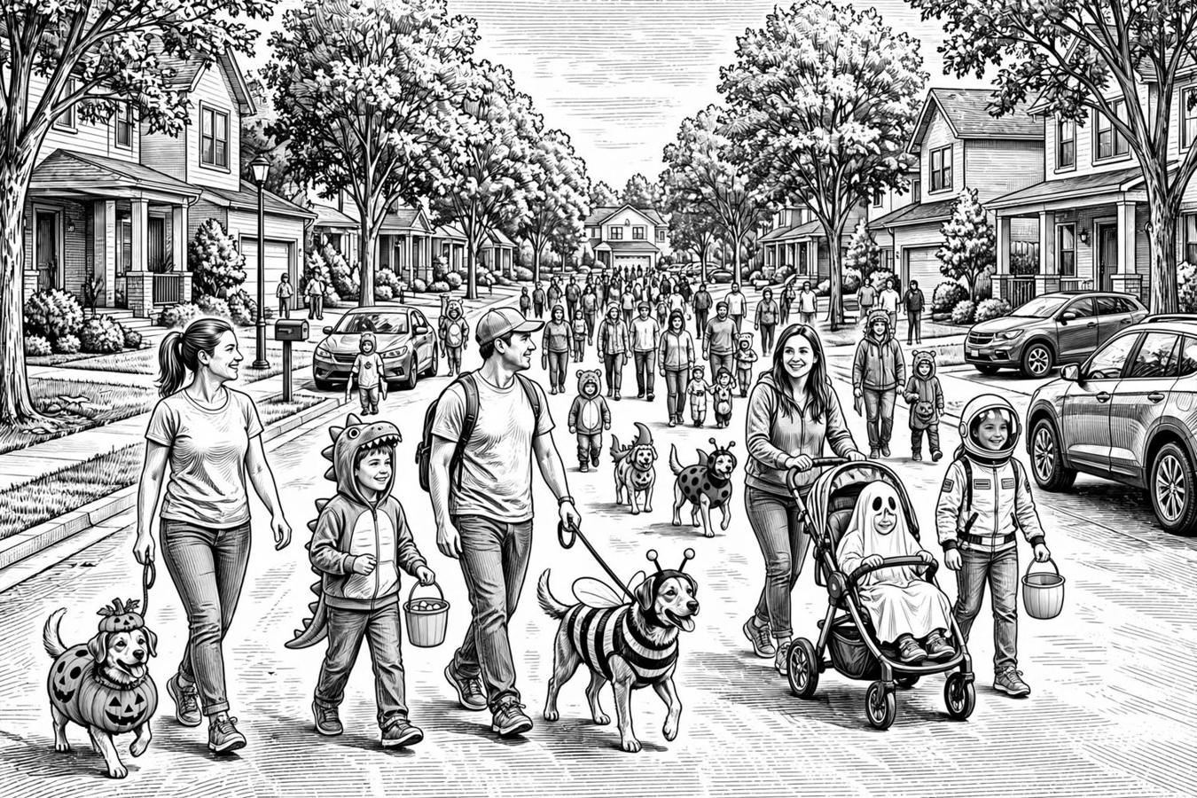 Ink illustration: families and dogs in Halloween costumes parade down a tree-lined neighborhood street