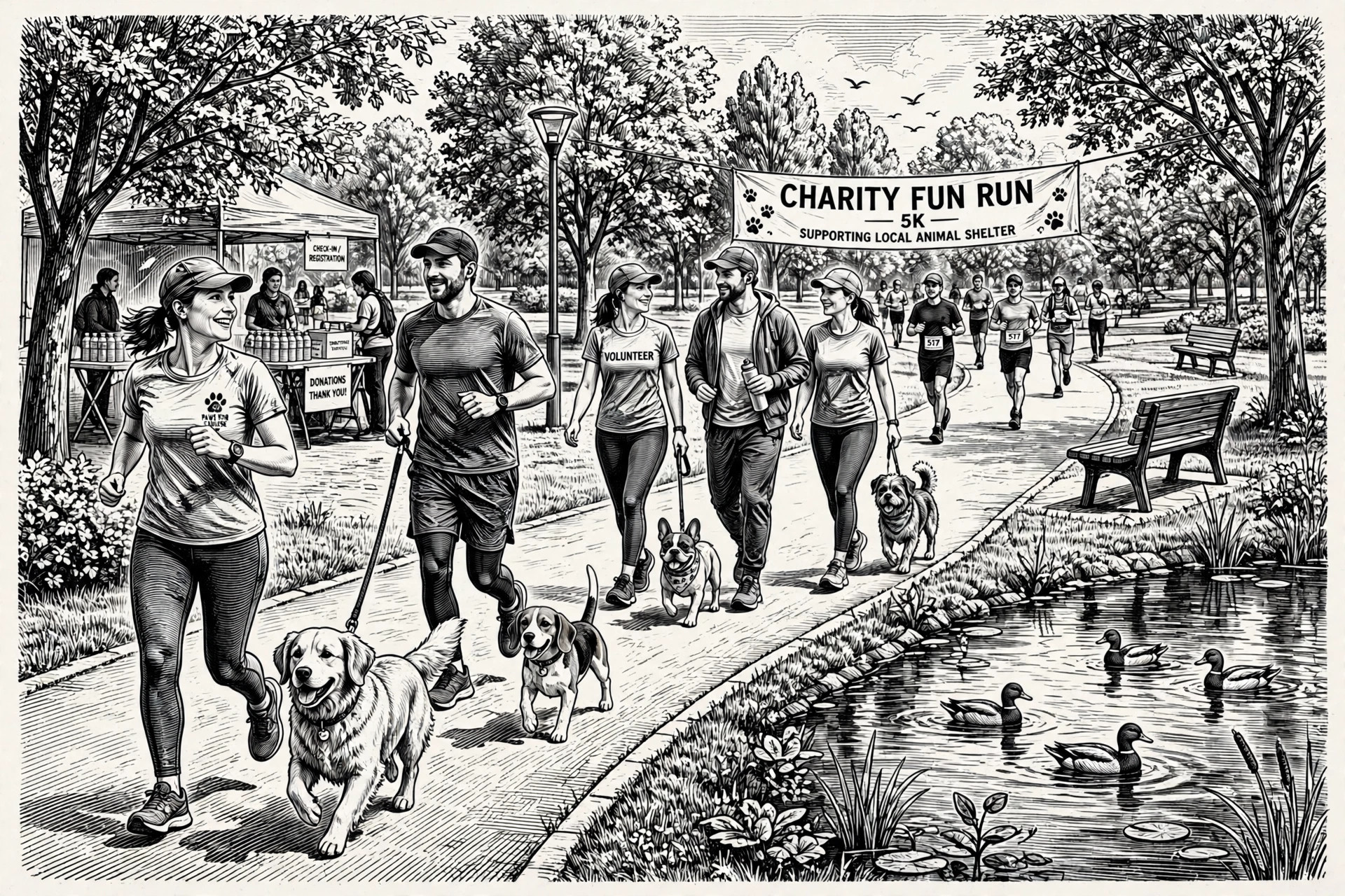 Ink illustration: runners and walkers with dogs on a park path at a charity run