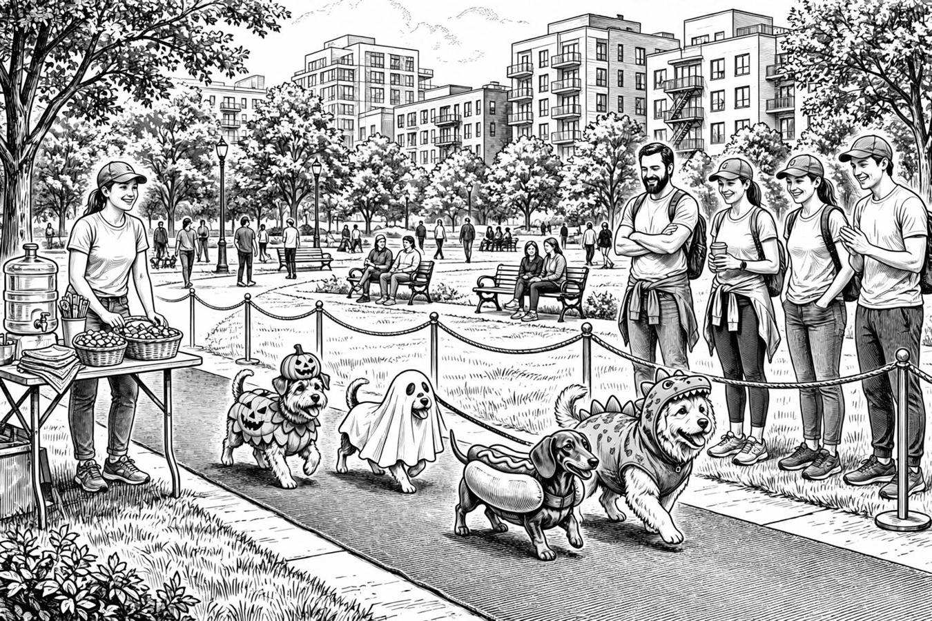 Ink illustration: dogs in Halloween costumes walk a carpet in a city park while owners watch