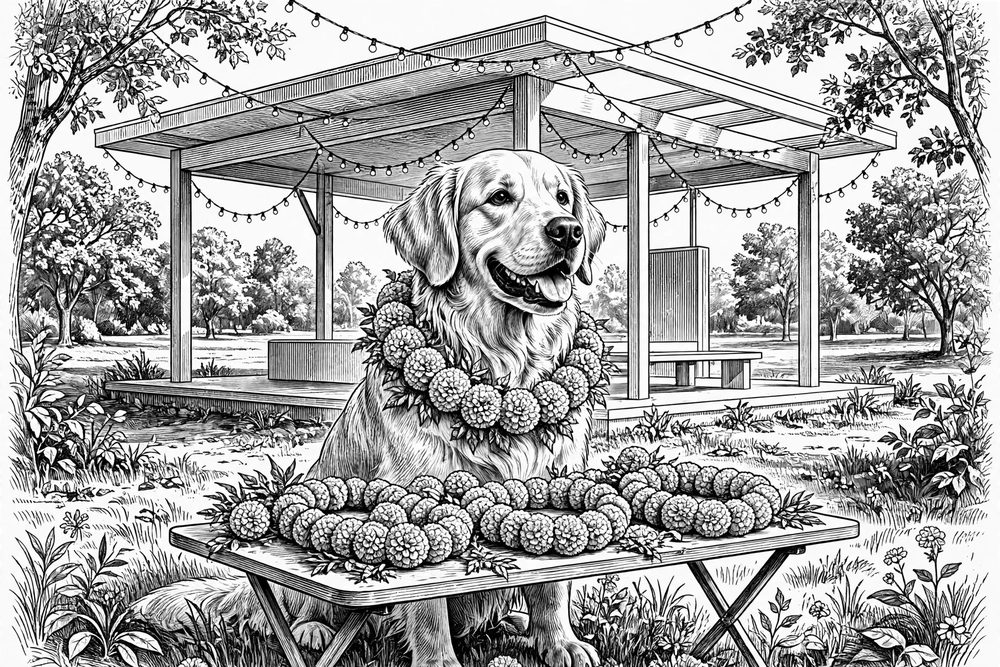 Ink illustration: a dog wearing a marigold garland at a blessing ceremony