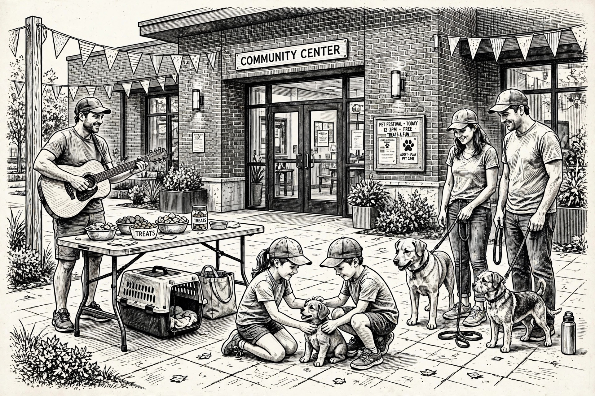 Ink illustration: families with leashed dogs at a neighborhood pet festival