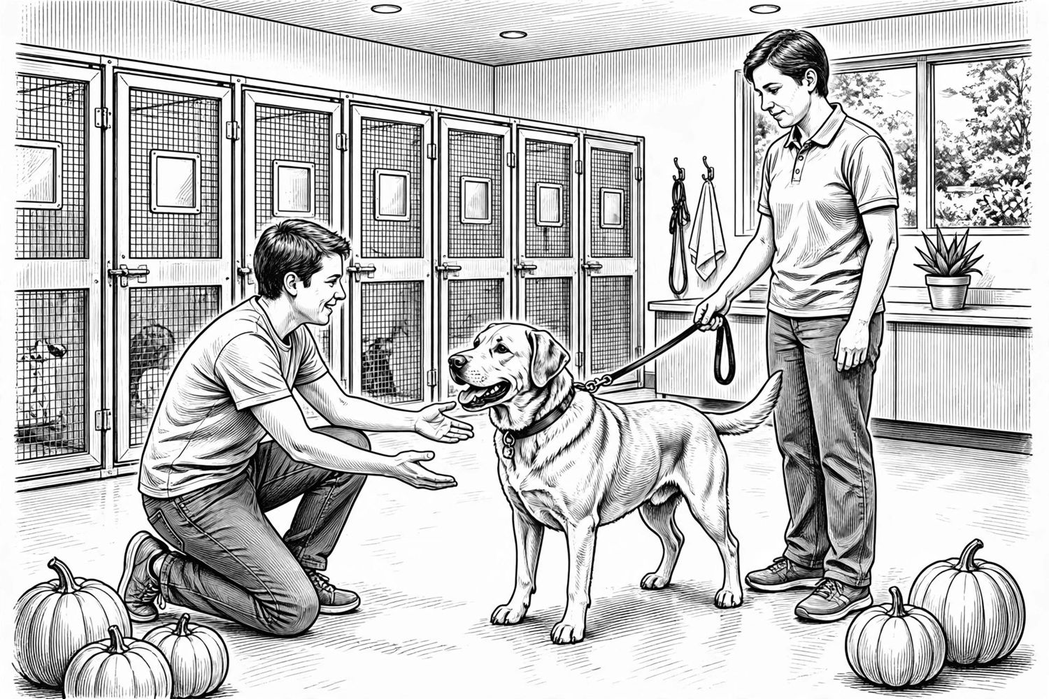 Ink illustration: a visitor kneels to greet a large dog inside a modern animal shelter with pumpkins nearby
