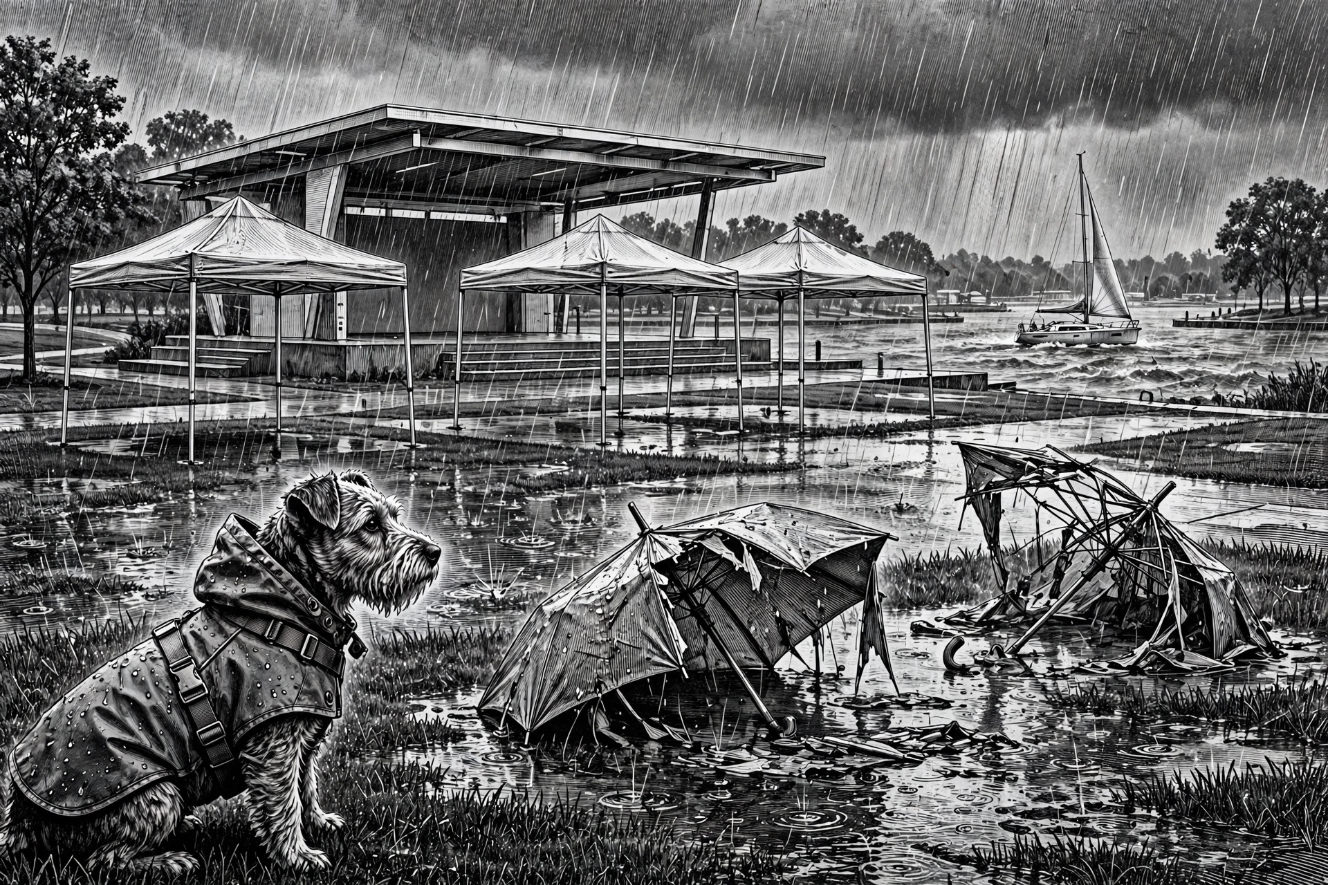 Ink illustration: empty festival tents in a waterfront park under rain clouds