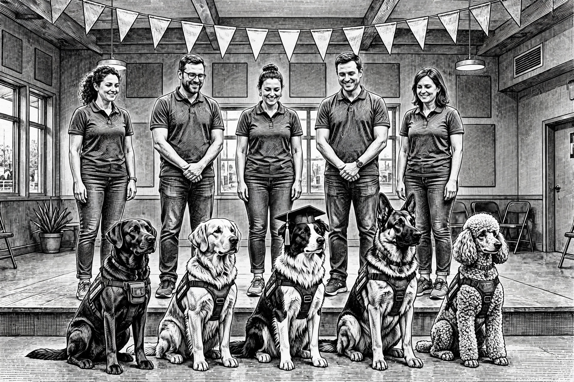 Ink illustration: service dogs seated in a row beside their veteran handlers at a graduation ceremony