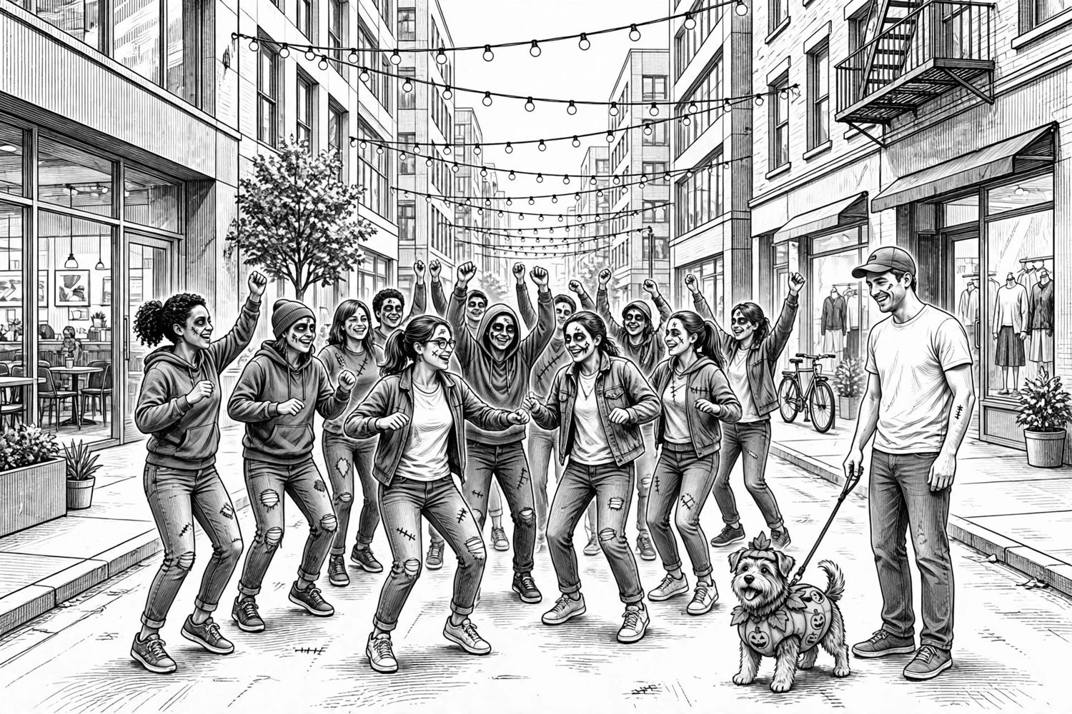 Ink illustration: dancers in Halloween costumes perform in a city street while a dog in a pumpkin costume watches