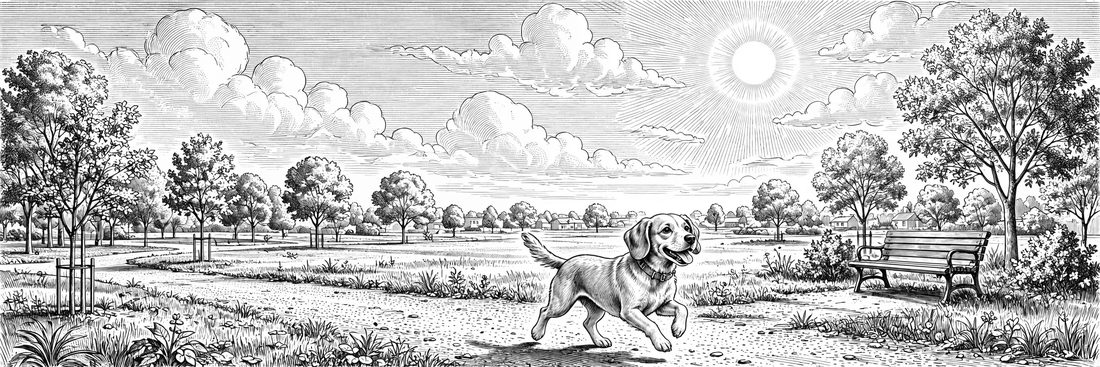 Engraving of a dog trotting through a sunny park