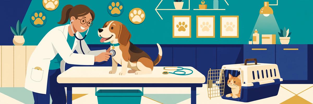 Illustration of a veterinarian examining a beagle in a modern clinic
